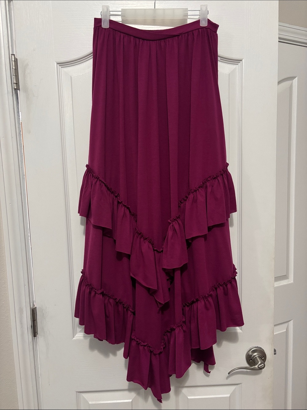 Joyfolie Asymmetrical Ruffle Skirt in Deep Magenta